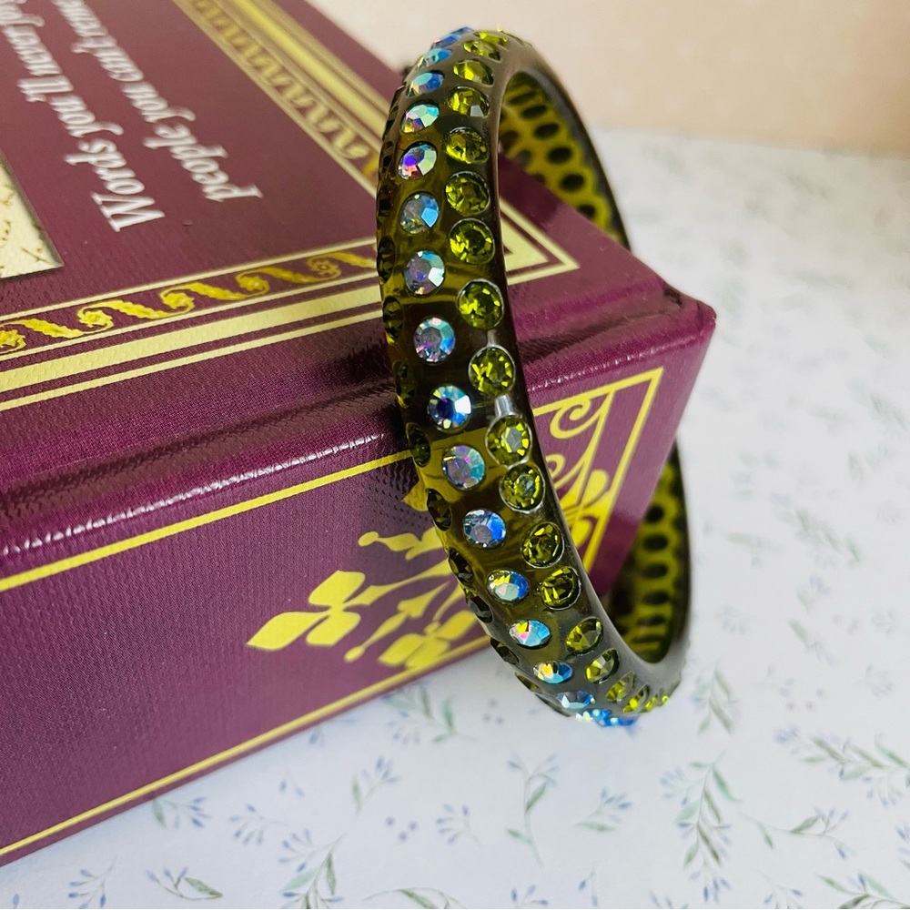 Vintage Olive Green AB Crystal Lucite Bangle Bracelet Sz 7